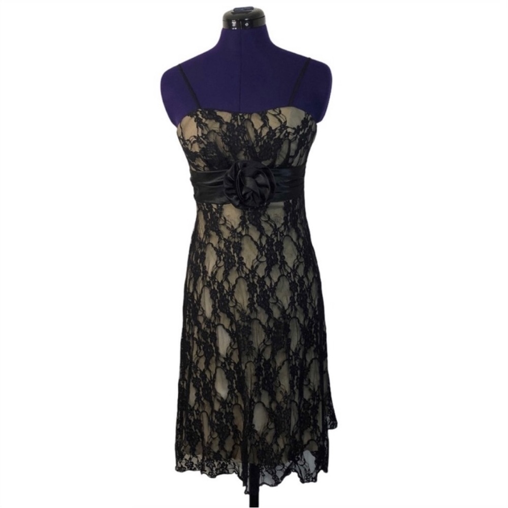 Jolie Black Beige Lace Short Sleeve Dress